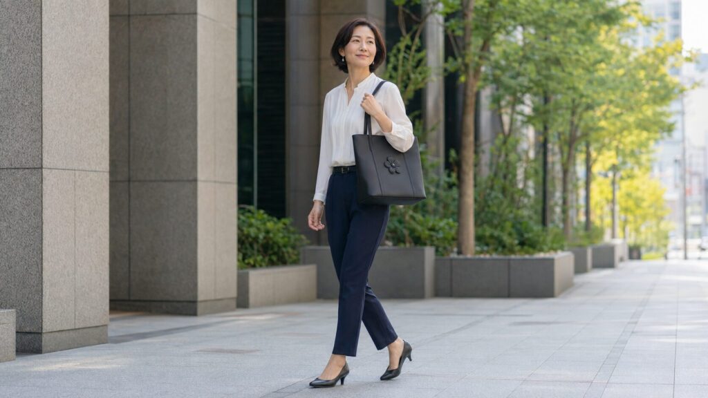 40代女性が黒の花モチーフA4トートを通勤コーデに合わせる様子