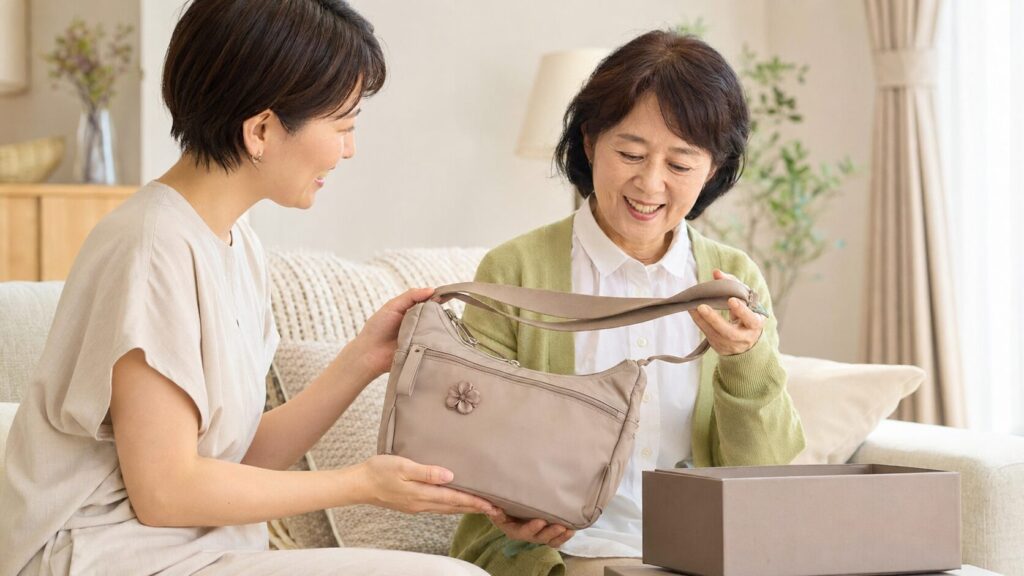 母へのバッグプレゼントとして軽量ショルダーを一緒に確認する日本人親子