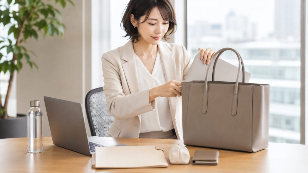 日本人女性がオフィスでA4書類やノートパソコンをバッグに入れながら、通勤向けバーキン風バッグの収納力を確認している画像