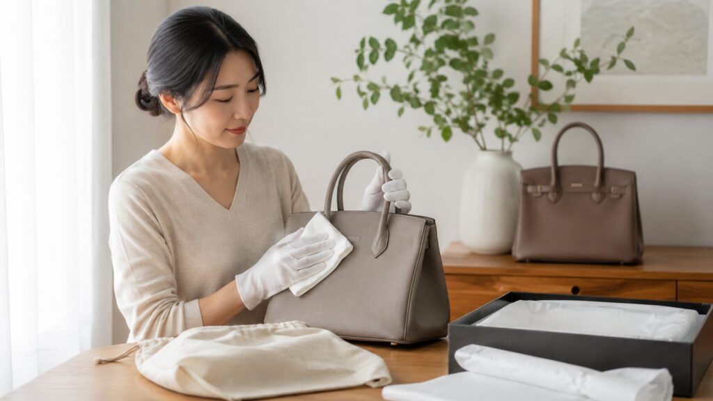 収納前に白い布でブランドバッグを乾拭きする日本人女性