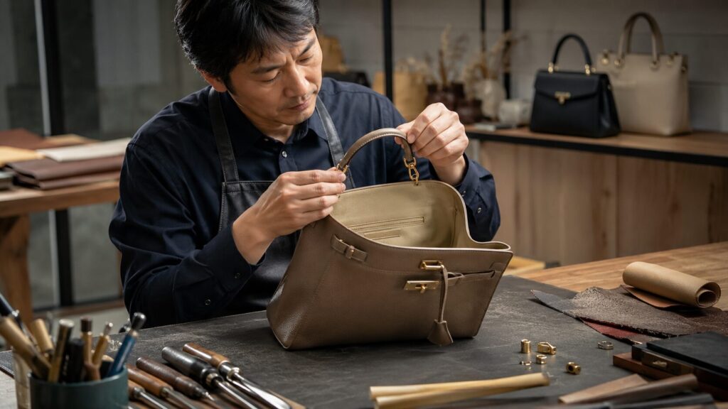 ブランドバッグの持ち手と内袋を確認する日本人修理職人