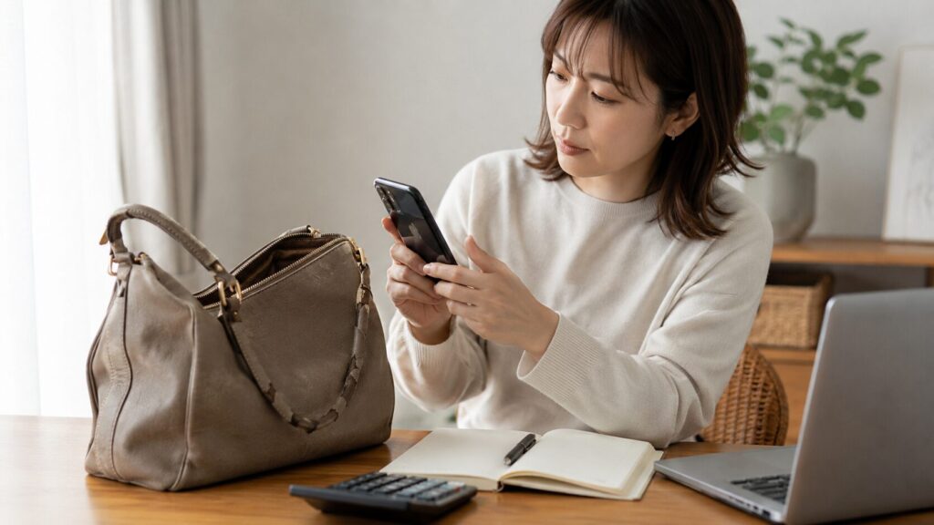 傷んだブランドバッグを撮影して修理の写真見積もりを依頼する女性