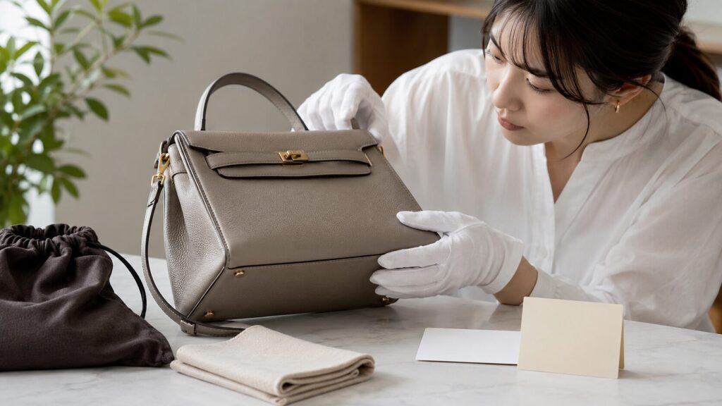 中古ブランドバッグの角や金具、縫製を丁寧に確認する日本人女性
