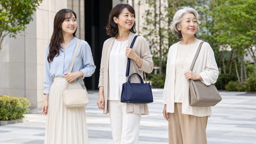 ゲラルディーニのバッグ年齢層をイメージした異なる軽量バッグを持つ20代・40代・60代の日本人女性