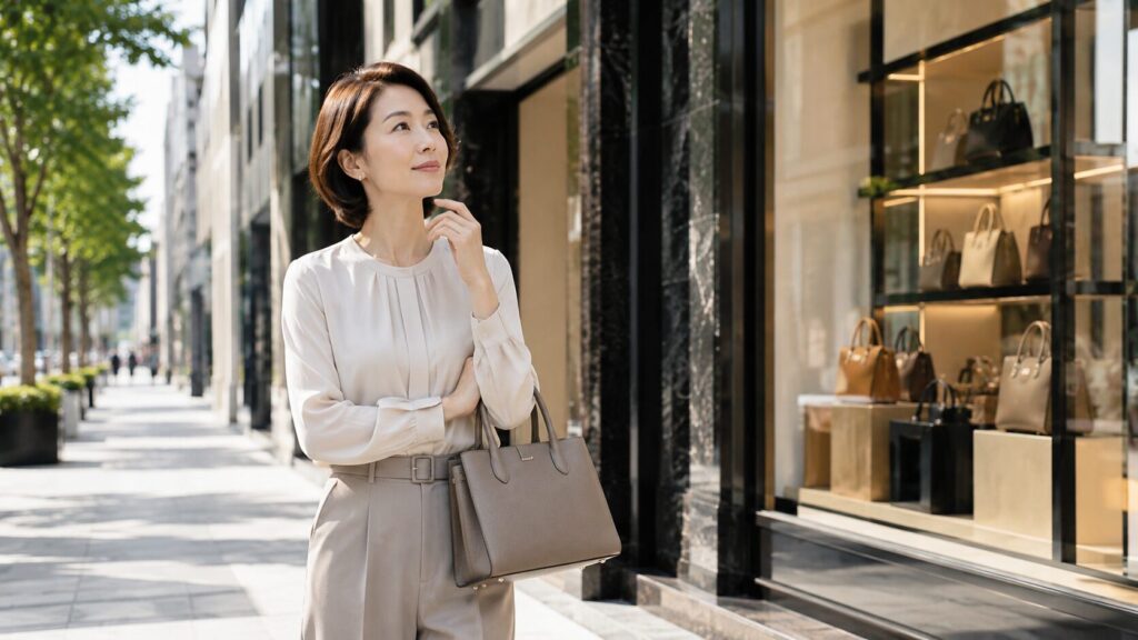 銀座のブランド買取店を比較しながらバッグを売る店を検討する日本人女性