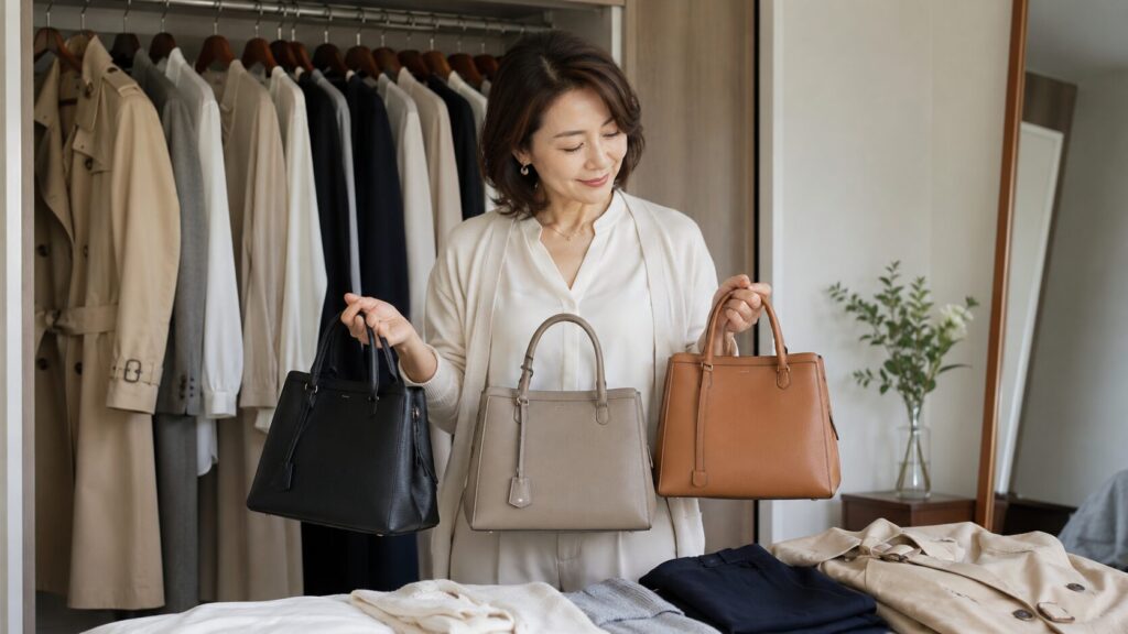 40代の日本人女性がクローゼットの服に合わせて黒、グレージュ、キャメルのバッグを比較する様子