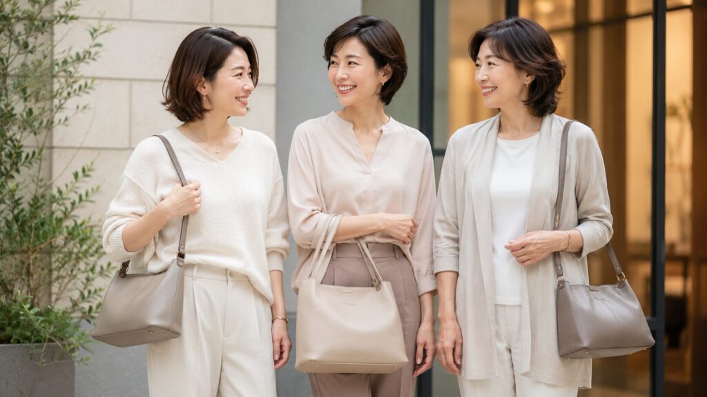30代40代50代の日本人女性が上品なバッグを持つ年齢層別コーデ例