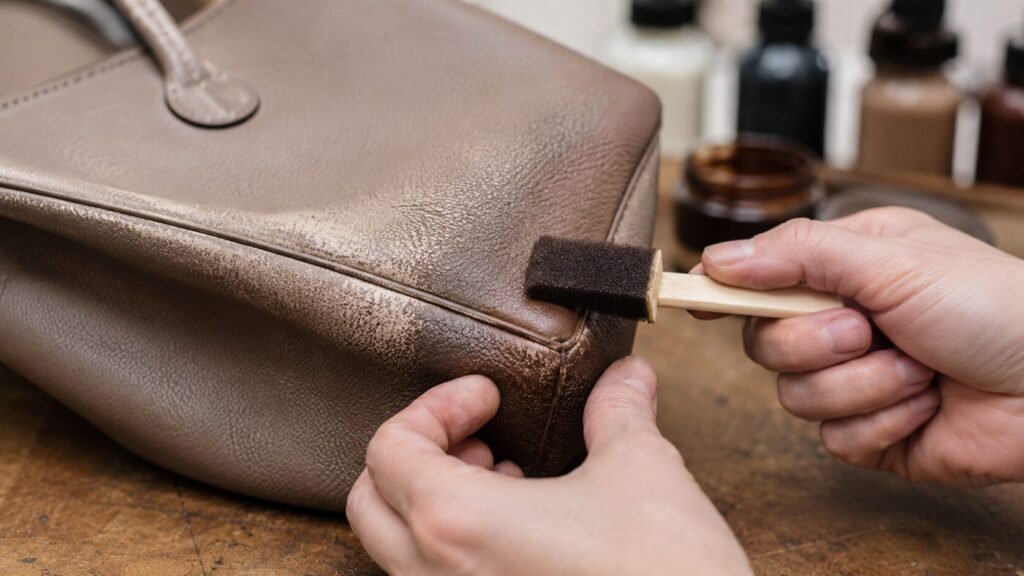 色落ちした革バッグの角を職人が補色する修理作業