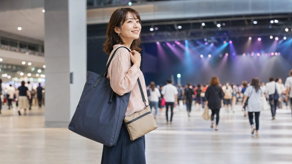 イブ会場で縦長トートとミニショルダーを2個持ちする日本人女性