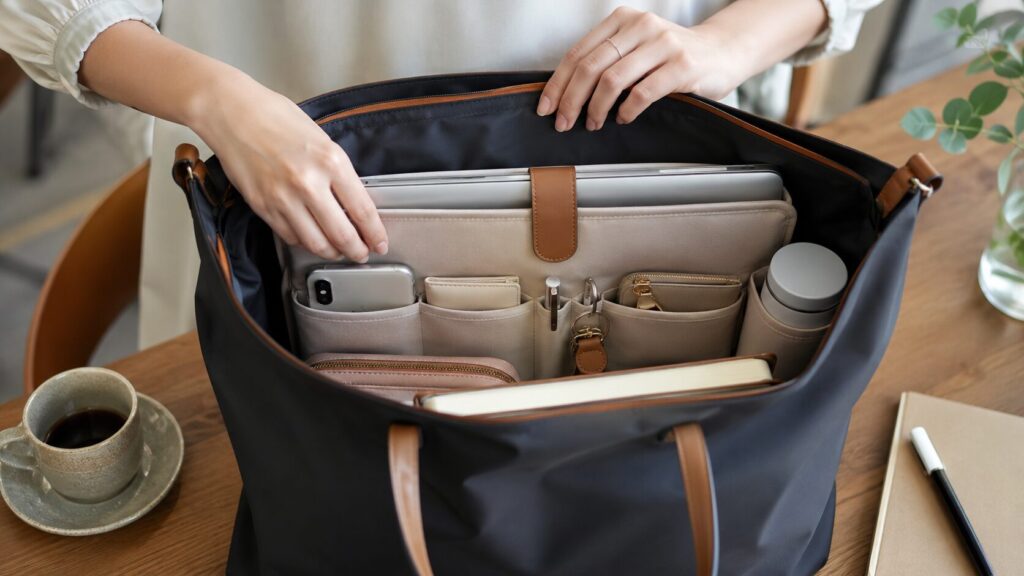 通勤バッグにPCや小物を整理できるバッグインバッグを収納した様子