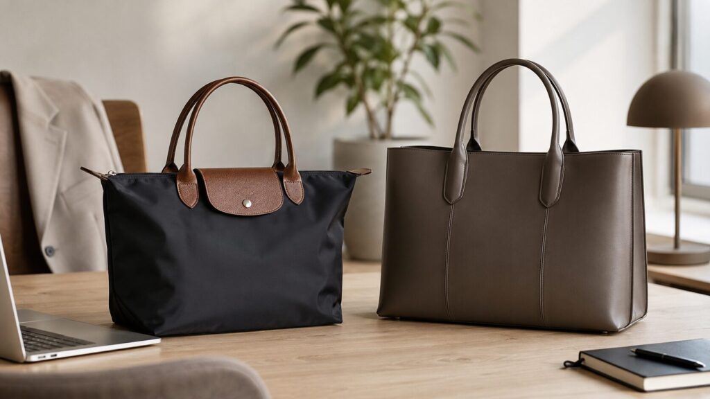 通勤向けの軽量ナイロントートと上品なレザーバッグの比較