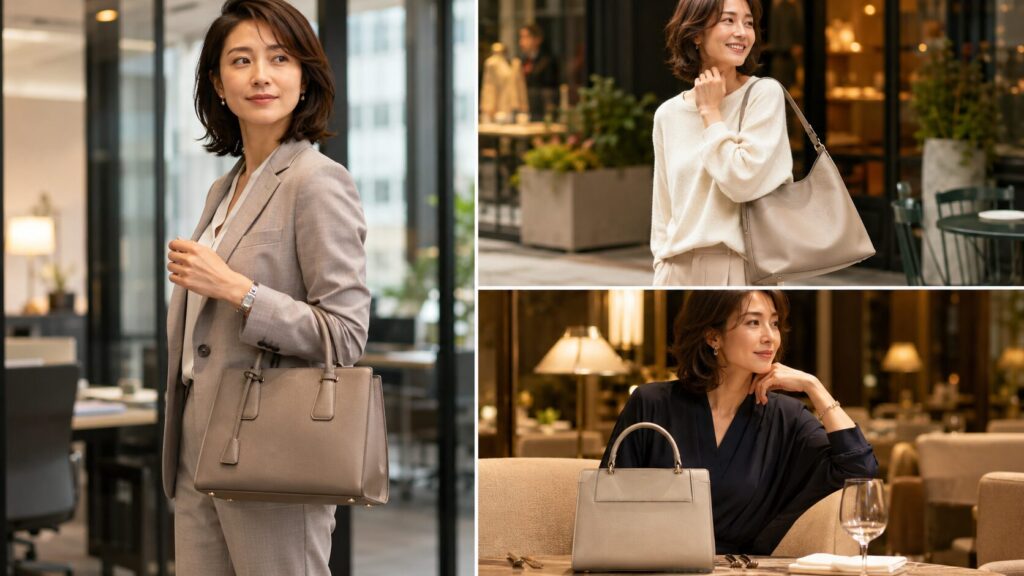 40代の日本人女性が通勤、休日、フォーマルで上品なバッグを使い分けるイメージ