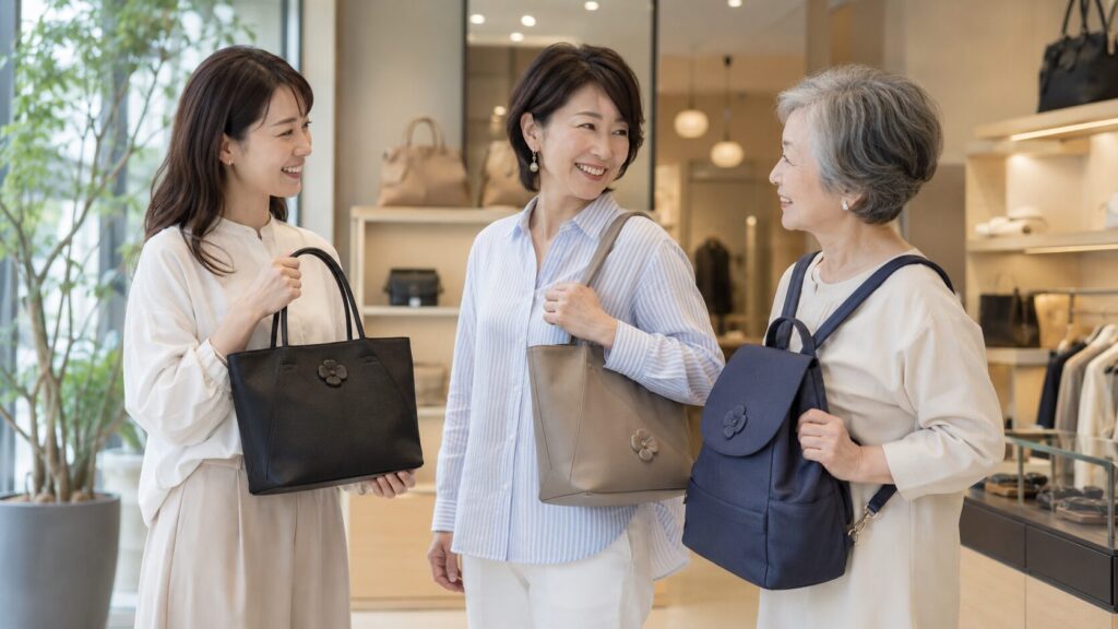 マリークワントのバッグ年齢層をイメージした花モチーフバッグと日本人女性3世代