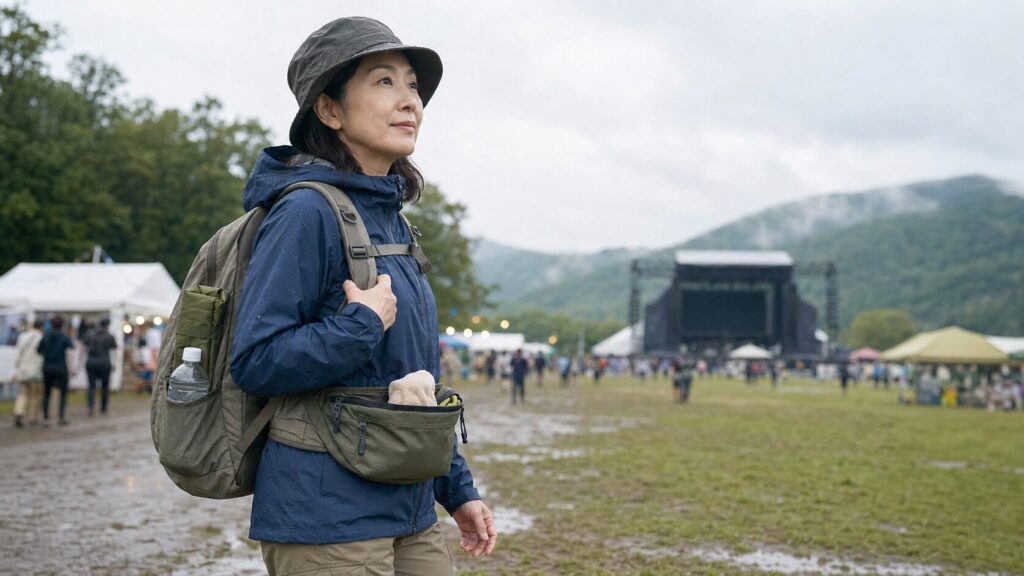 雨の野外フェスでリュックとウエストバッグを使う日本人女性