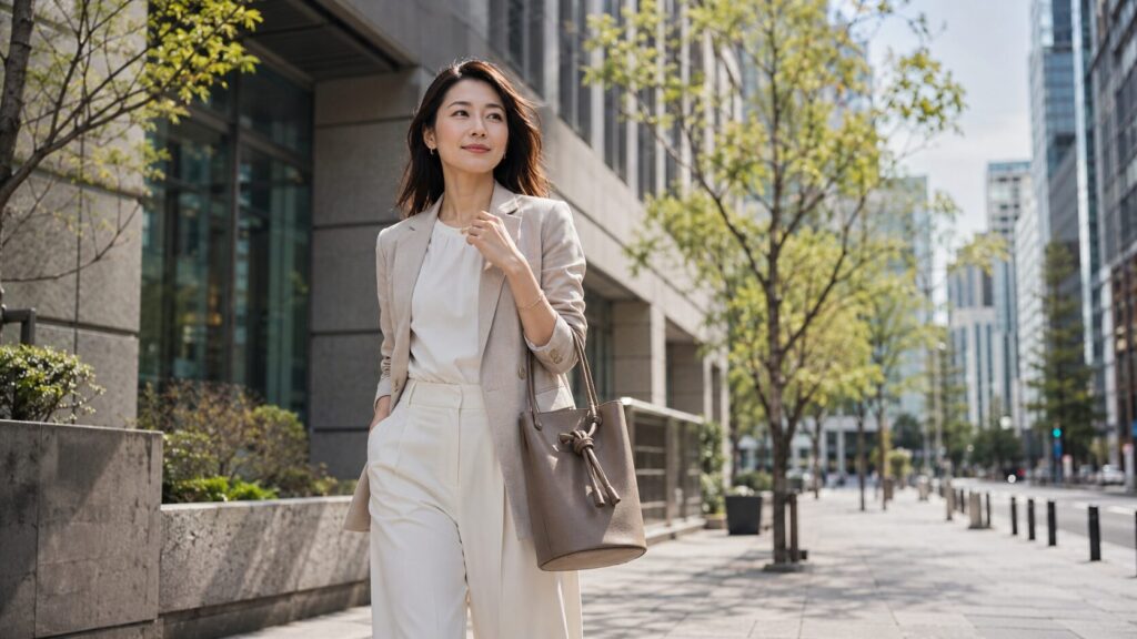 30代女性が通勤にも休日にも使いやすいミニマルなバッグを持つ街中コーデ