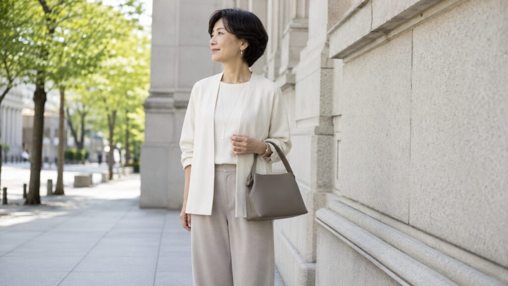 50代女性が上品で落ち着いた色のミニマルバッグを持つ大人カジュアルコーデ