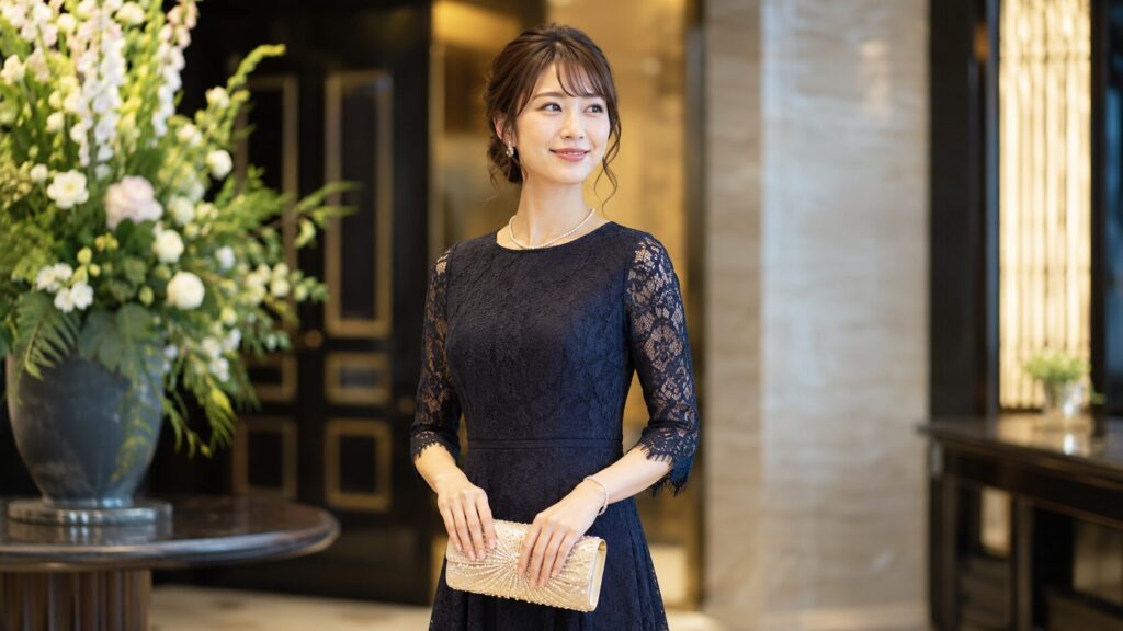 結婚式の黒ドレスにゴールド系クラッチバッグを合わせた日本人女性のフォーマルコーデ。上品な会場で華やかに装う様子