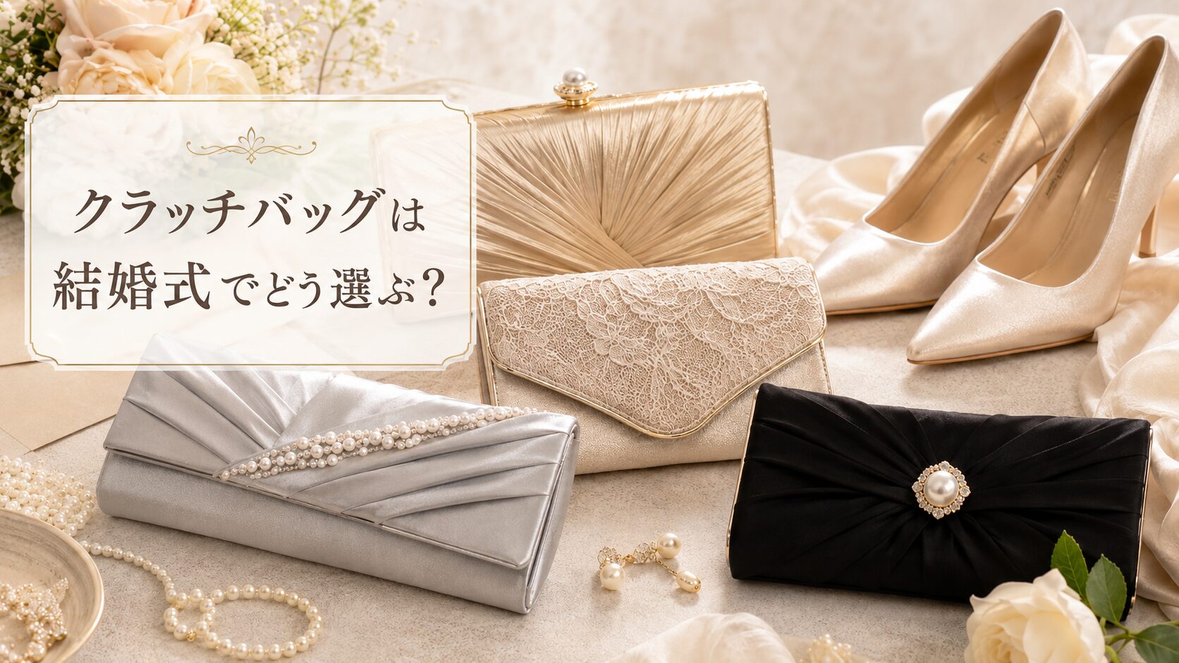 結婚式向けのクラッチバッグ選びを紹介するアイキャッチ画像。上品なバッグ、パンプス、花、パール小物を並べた華やかなフォーマルコーデ
