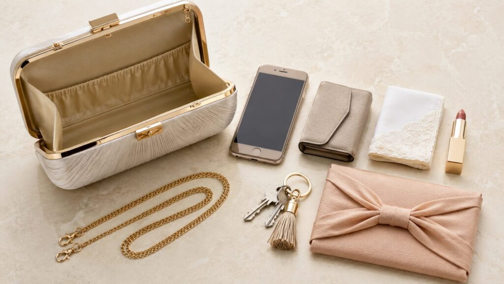 結婚式用クラッチバッグの収納力を示す画像。スマホ、ミニ財布、ハンカチ、リップ、鍵、チェーンストラップを並べた持ち物例