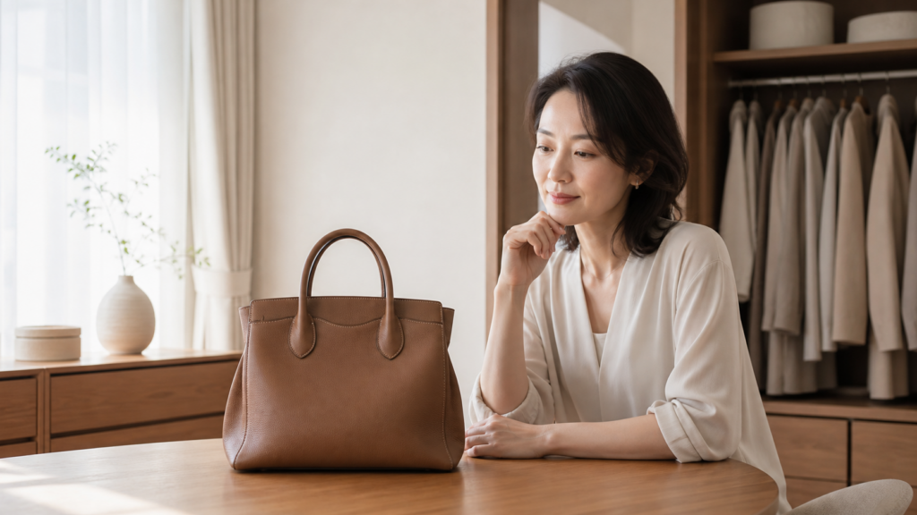 自宅でブランドバッグの売却を検討する日本人女性