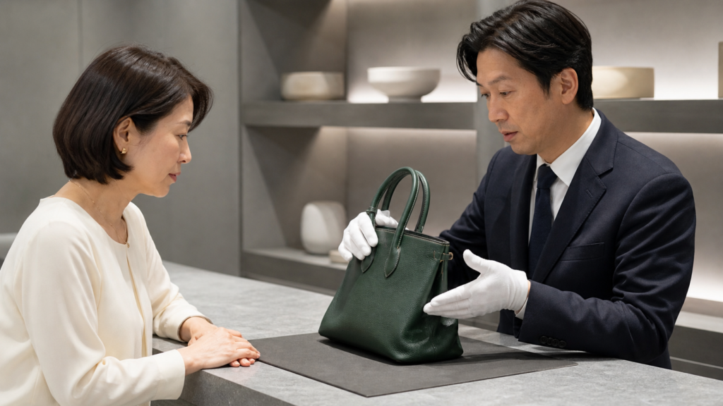 買取店でブランドバッグを丁寧に査定する日本人スタッフ