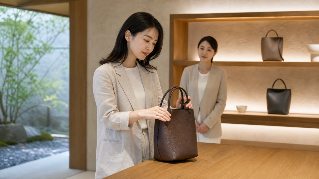 高級ブランド店で茶色のピコタン風バッグを確認する日本人女性