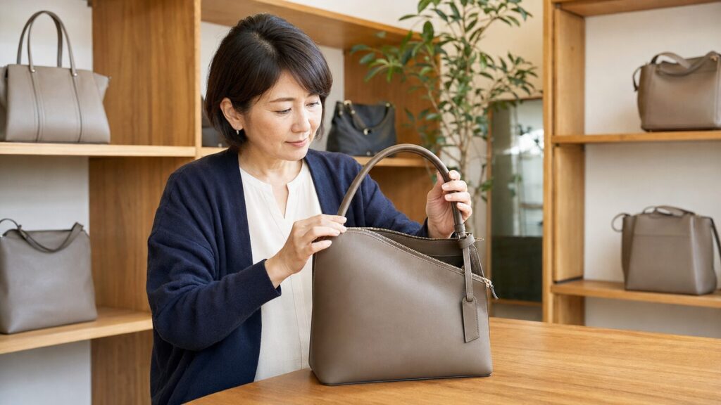日本人女性がエルメス風バッグの縫製やハンドルの仕上がりを確認する様子