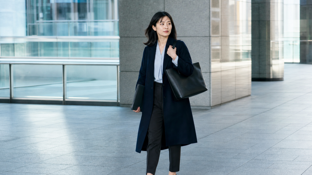 黒い通勤用トートバッグとPCケースを持って歩く日本人女性