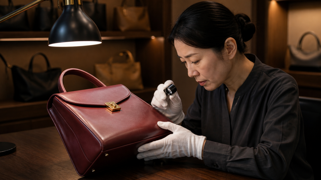 中古のレザーバッグを手袋とルーペで丁寧に検品する日本人女性