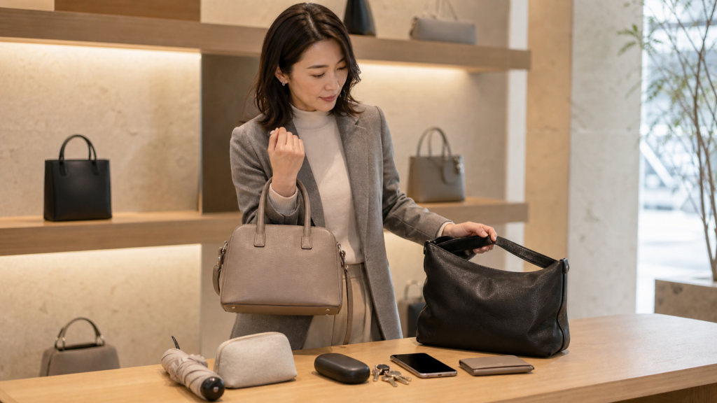 店頭でハイブランドバッグの収納力と持ちやすさを比べる日本人女性