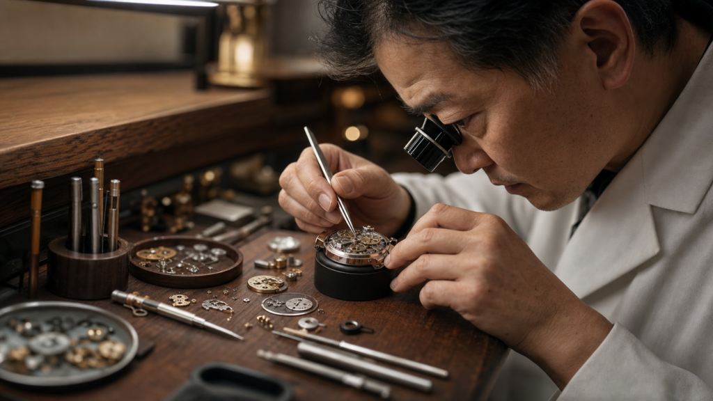 機械式腕時計をオーバーホールする日本人時計職人