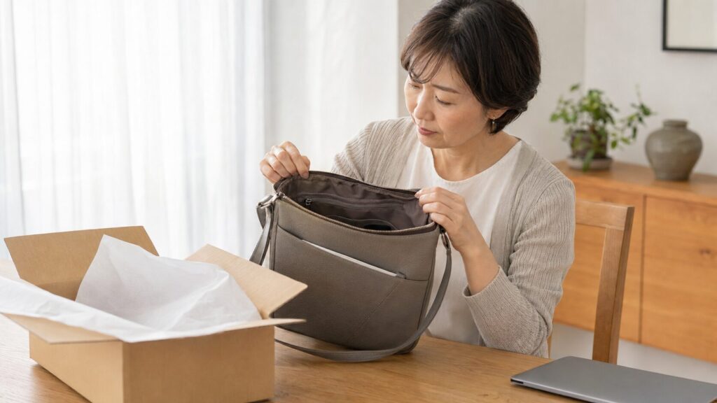 通販で届いたエルメス風バッグの内側とファスナーを確認する日本人女性