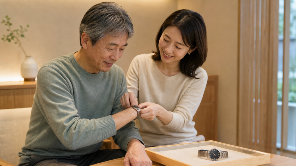 腕時計を一緒に試着する60代の日本人男性と娘