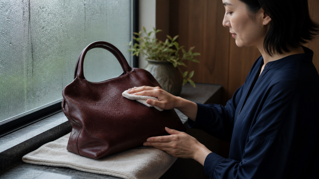 雨に濡れたレザーバッグの水分を布で優しく拭き取る日本人女性