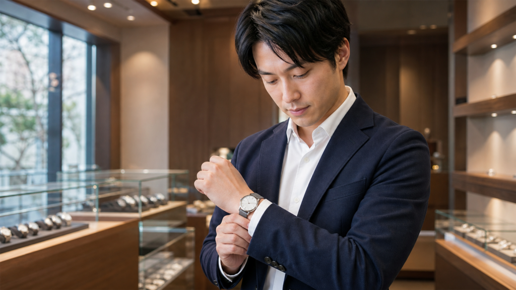 時計店で腕時計のサイズと袖口への収まりを確認する日本人男性