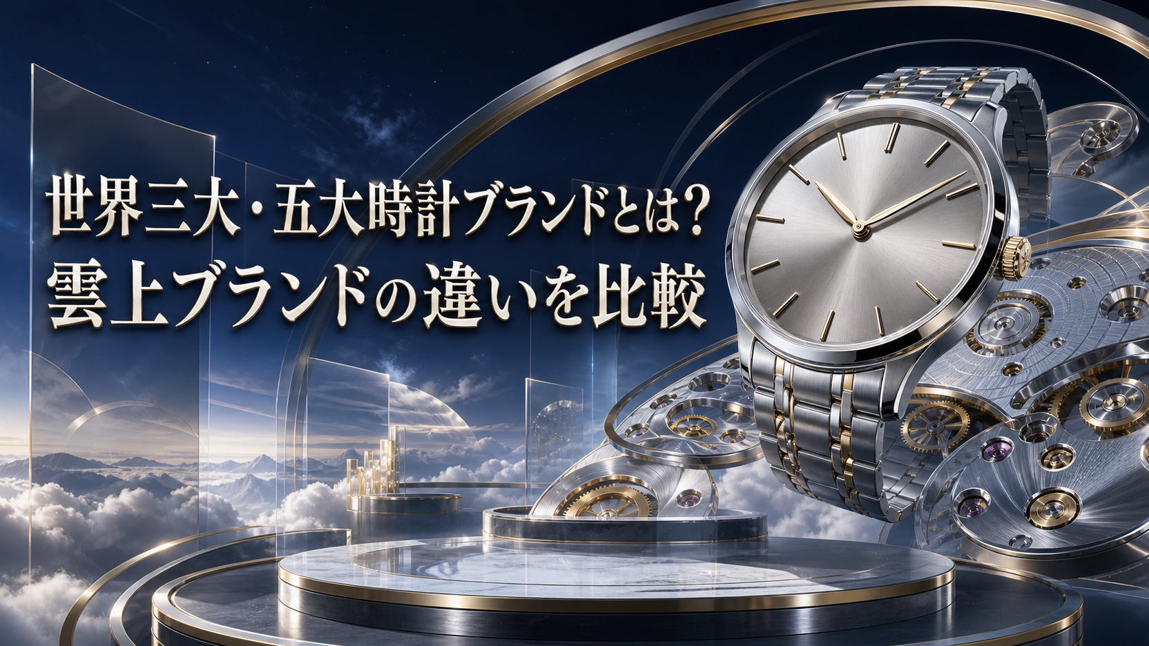 雲上に浮かぶ高級機械式時計とムーブメントを配した世界三大・五大時計ブランド比較の雑誌表紙風ビジュアル